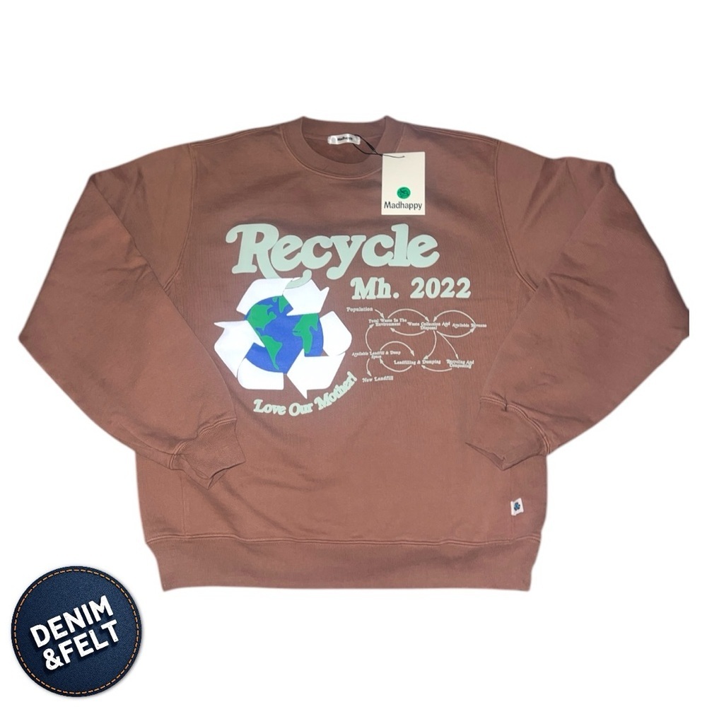 NEW Madhappy Earth Day Organic Fleece Crewneck Acorn Brown Recycle XS 4U036A130
